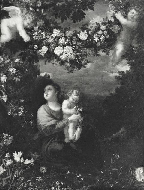 A. C. Cooper — Cerchia di Johann Liss e di Jan Brueghel il Vecchio - sec. XVII - Ghilanda di fiori con Madonna con Bambino e angeli — insieme